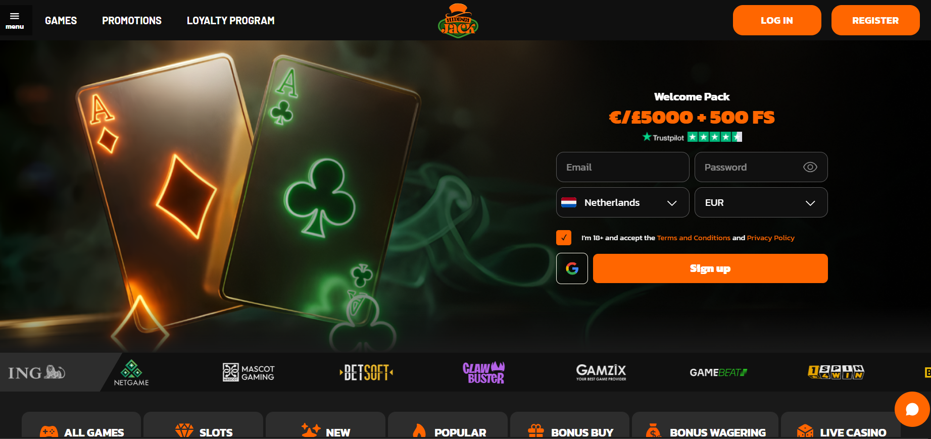 Screenshot van de Hiddenjack website